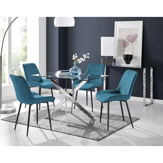 Lenworth Glass Rectangular Dining Table Set with 4 Luxury Velvet Chairs