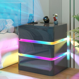 Fully Assembled 3-Drawer Nightstand with Charging Station and Motion Sensor RGB Light, Curved Profil