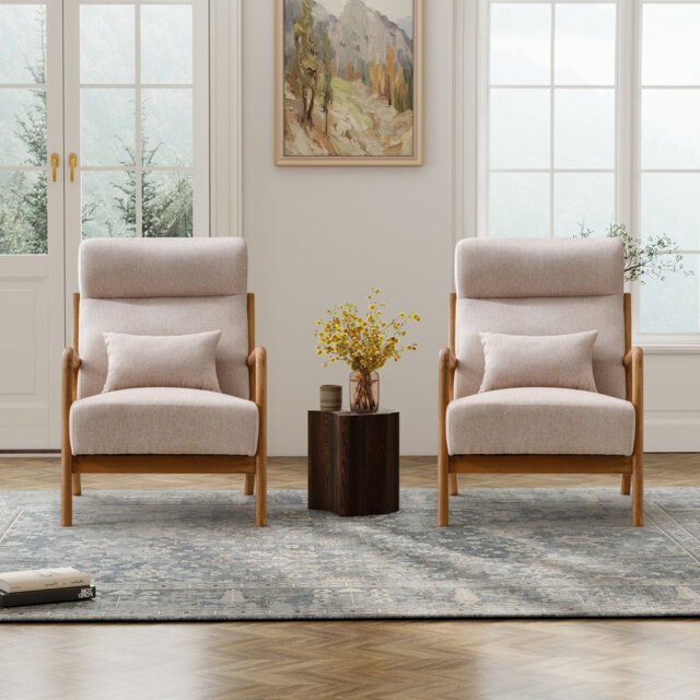 66cm Wide Mid-Century Solid Wood Frame Upholstered Armchair with Lumbar Support Pillow