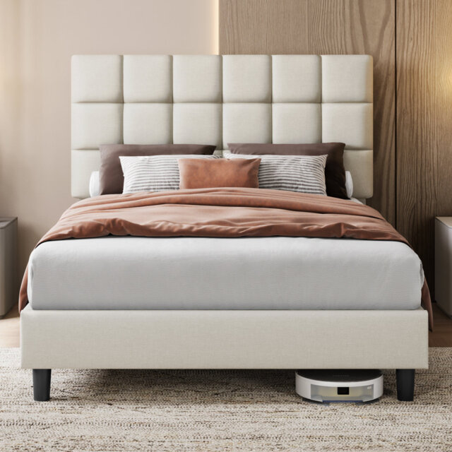 Size Modern Upholstered Bed Frame with Adjustable Square Tufted Headboard