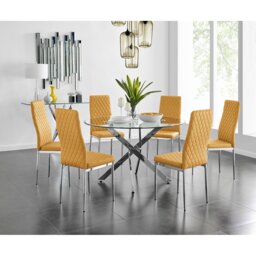 Tierra Modern Chrome Metal & Glass Round Dining Table Set with 6 Quilted Faux Leather Chairs
