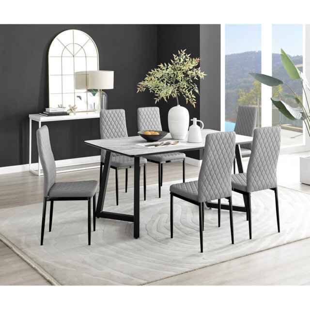 Industrial Design White & Grey Marble Effect Melamine Dining Table Set with 6 Faux Leather Chairs