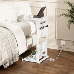 Folding Side Table with Charging Station, C-Shaped End Table with Storage Pockets,Scratch-resistant and Waterproof Panel.Multi-functional Nightstand f