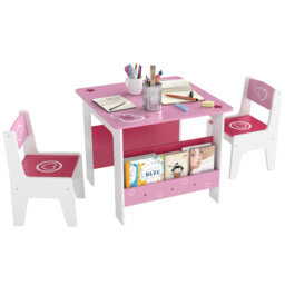 AIYAPLAY Kids Table and Chair Set with Bookshelves, 2 Chairs 3 Pieces Pink