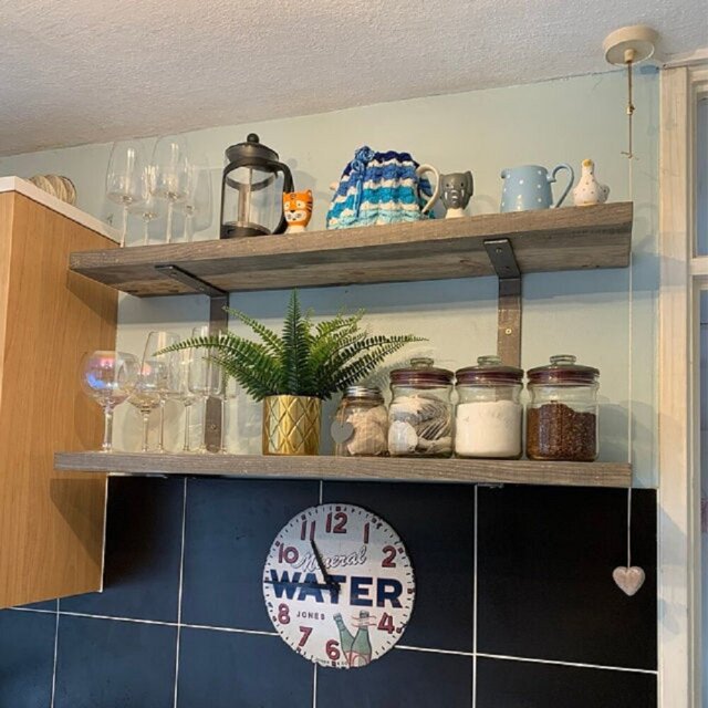 2X 130Cm Driftwood Solid Wood Shelf & Double Brackets - Industrial Style Shelves