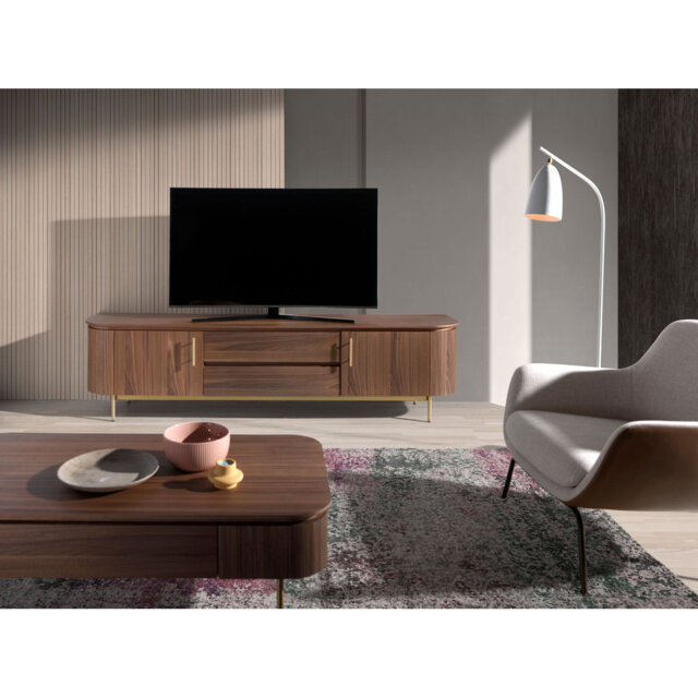 TV stand walnut and golden polished steel
