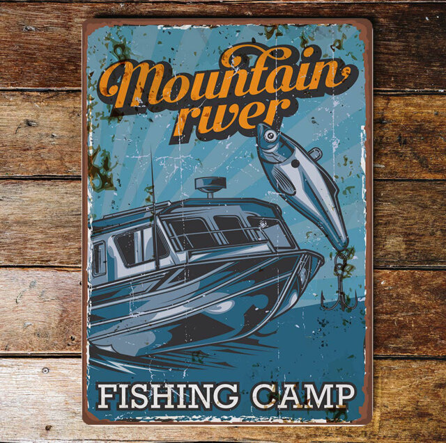 Mountain River Fishing Camp Metal Wall DÃ©cor