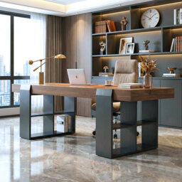 "71"" Modern Walnut Executive Desk with Integrated Storage Shelves & Concealed Drawers, Computer Office Table with Cable Management"