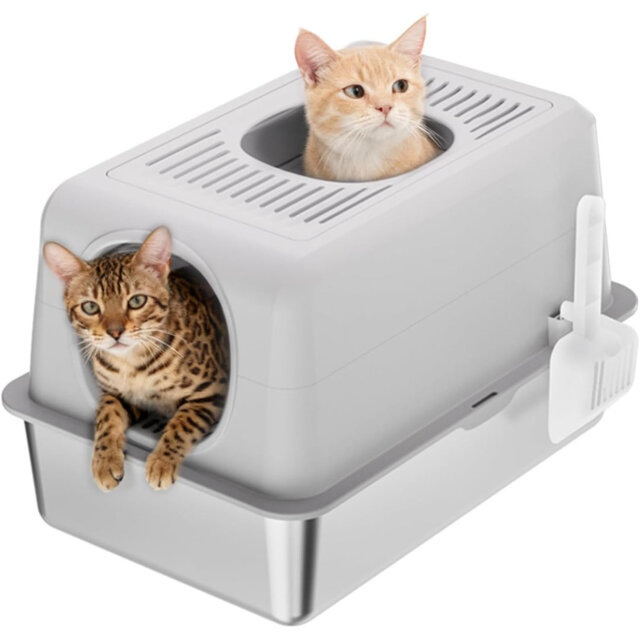 Stainless Steel Litter Box Enclosure with Scoop, 60cm x 40cm x 38cm Enclosed Cat Litter Boxs with Lid for Big Cats, High Sided Anti-Urine Leakage Non-