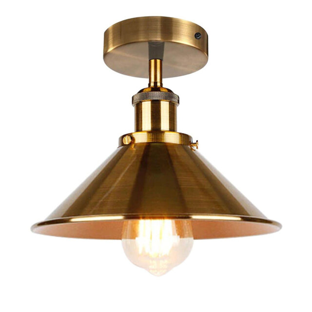 Vintage Semi Flush Ceiling Light Yellow Brass Cone Shade Metal E27 Base Farmhouse Light Fixture for Bedroom, Living Room, Kitchen, Hallway No Bulb
