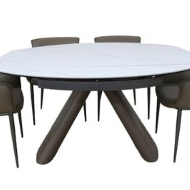 Extendable Round Stone Top Solid Wood Base Dining Table