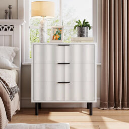"Wave Fluted 3-Drawer Dresser, 30"" Tall Wood Nightstand, White"