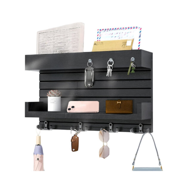 Wall Mounted Mail Holder with 4 Double Key Hooks, Black Wooden Key Rack Mail Sorter Organizer