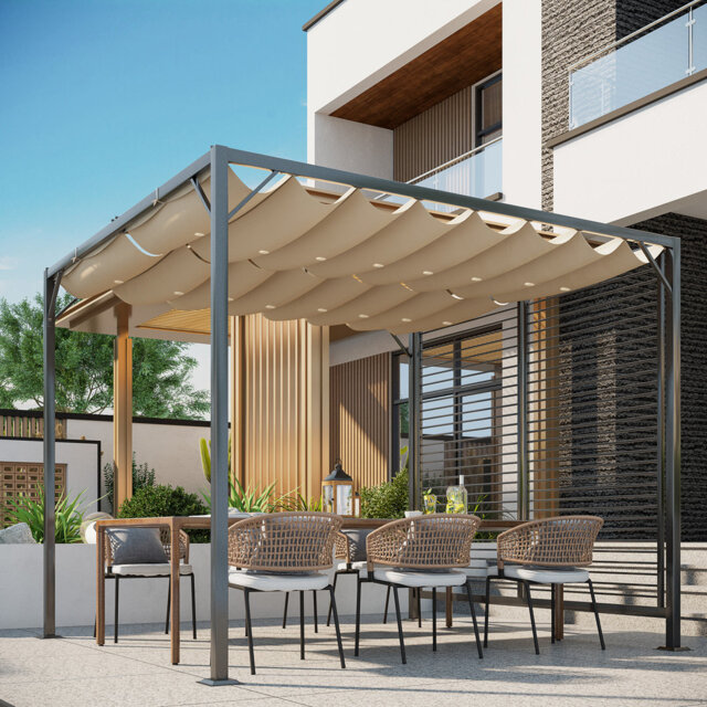 3 X 2.8m Metal Pergola With Retractable Fabric Roof, 180gsm Pu-coated Polyester Canopy, 16 Ground Stakes & Drainage Grommets, Outdoor Garden Patio She