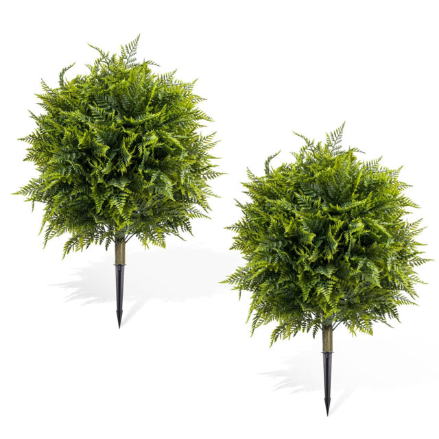 Set of 2 Garden Decor Flower Stakes – 90 cm PE Artificial Fern Tree with Iron Ground Spikes, Faux Leaf Stakes for Outdoor & Indoor Decoration