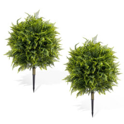 Set of 2 Garden Decor Flower Stakes – 90 cm PE Artificial Fern Tree with Iron Ground Spikes, Faux Leaf Stakes for Outdoor & Indoor Decoration