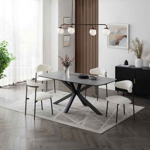 Deanie Grey Ceramic Sintered Stone Elda White Boucle Chairs Black Legs