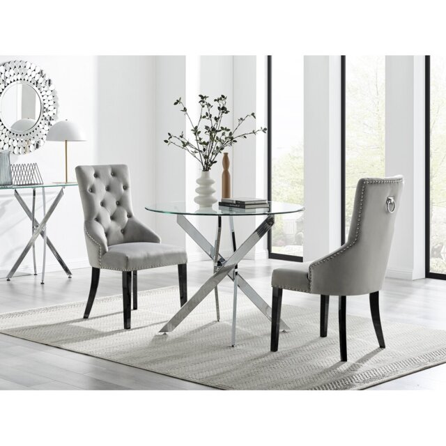 Tierra Modern Chrome Metal & Glass Round Dining Table Set with 2 Luxury Button Velvet Chairs