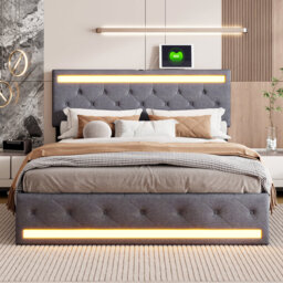 Estella Linen Upholstered Bed With LED Lights, USB Ports & 4 Drawers
