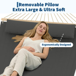 12FT Quilted Fabric Hammock with Pillow for 2 Persons - Heavy Duty 450lbs Capacity, Spreader Bar & Detachable Pillow - Outdoor Garden Patio Lounging H