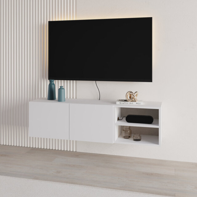 "Floating TV Stand for 50"" TVs with 2 Soft-Close Doors and Open Shelves, 140cm Wide"