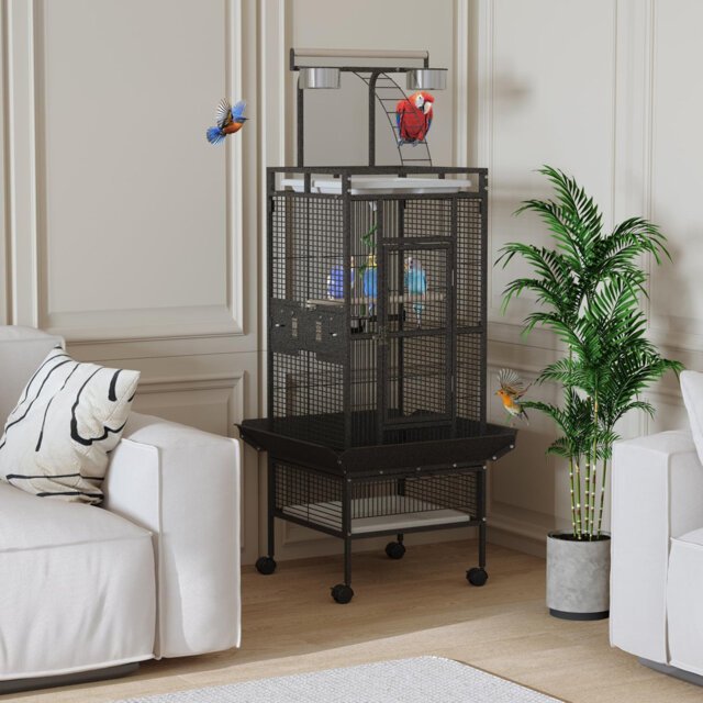 152cm Large Wrought Iron Parrot Cage with Rolling Stand, Play Top and 4 Stainless Steel Bowls, Metal Bird Cage for Budgie, Lovebird, Sun Conure and Gr