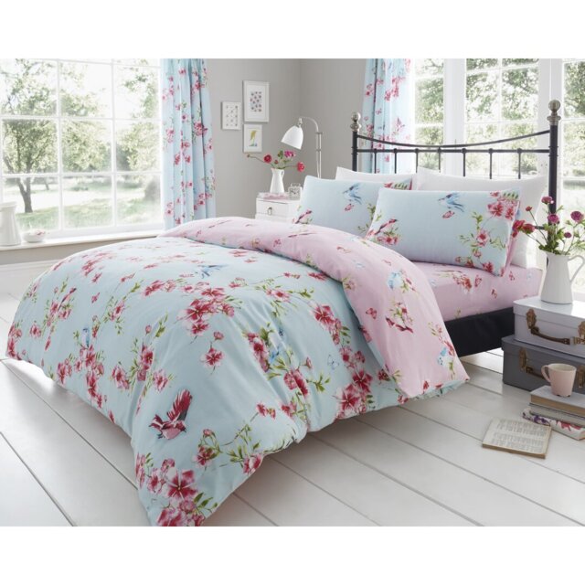 Birdie Blossom Duvet Cover and Pillowcases Set, Polycotton, Machine Washable, Soft Yarn Bedding