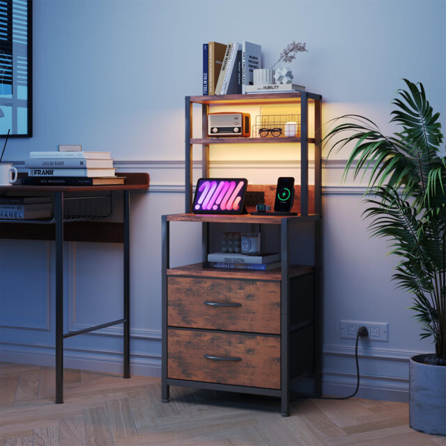Bedside Table With Charging Station And LED Light Strips, Nightstand With Drawers, Rustic Brown Furniture