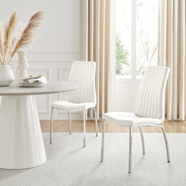 Basma Faux Leather Modern Tall Back Dining Chairs with Chrome Metal Legs & Vertical Stitching