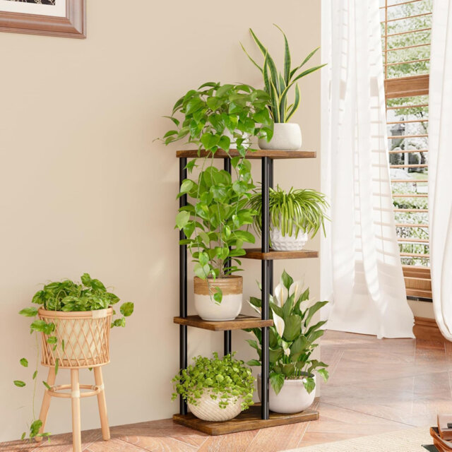 4 Tier Plant Stands Indoor, Corner Shelf Plant Stand, Metal Tiered Display Stand for Living Room Balcony Garden Patio, Brown