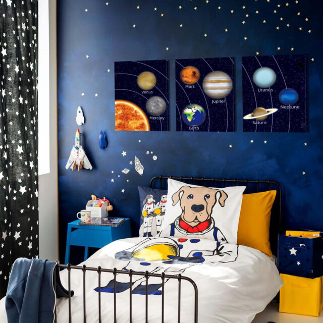 Space Room Decor Framed Outer Space Wall Art Set Of 3 (12X16inch) Kids Picture Planets Pictures Solar System Educational Teaching Poster For Room Nurs
