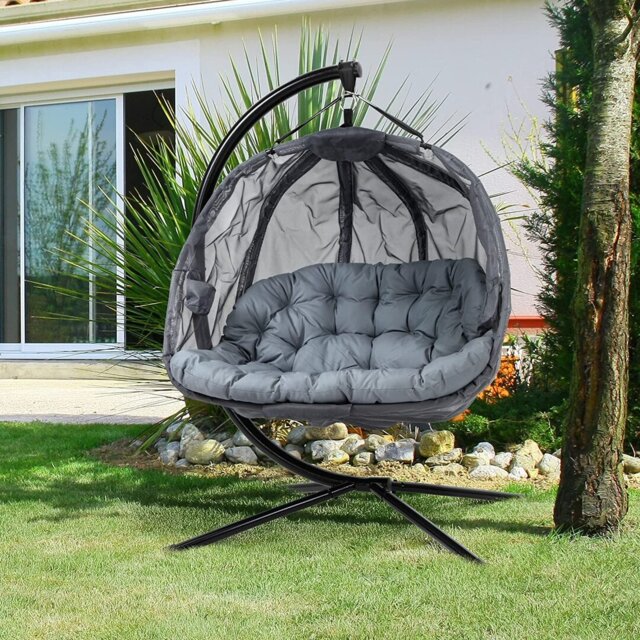 Som Double Hanging Egg Chair 2 Seaters with Stand and Cushion Grey