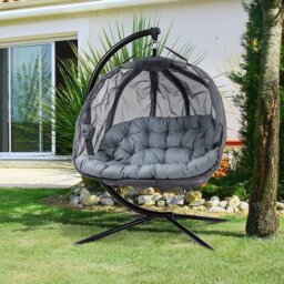 Som Double Hanging Egg Chair 2 Seaters with Stand and Cushion Grey