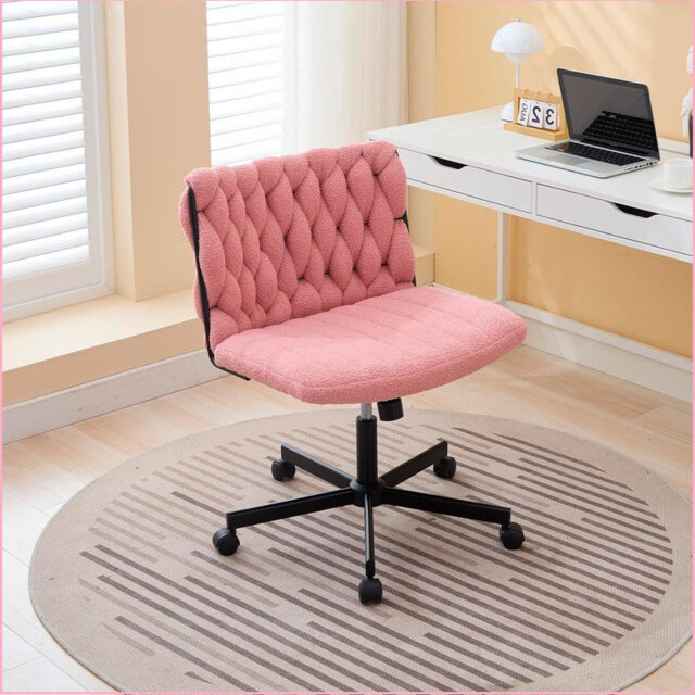 Office Chair with 5 Wheels, Adjustable Height & Armless Vanity Chair with 300 Lbs Capacity, Wide Criss-Cross Cute Fuzzy Desk Chair for Women/Men, Faux