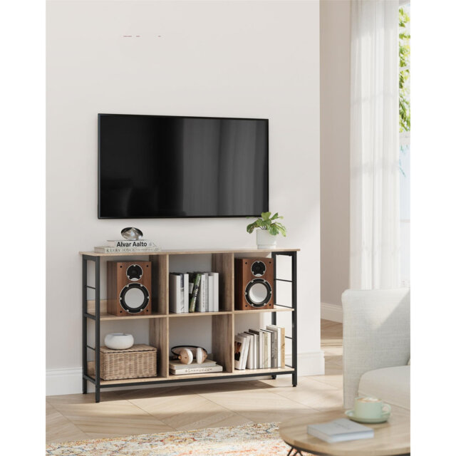 Bookcase with 2 shelves, bookcase with 6 compartments, for living room, bedroom, study, kitchen, 33 x 120 x 80cm, camel brown ink black