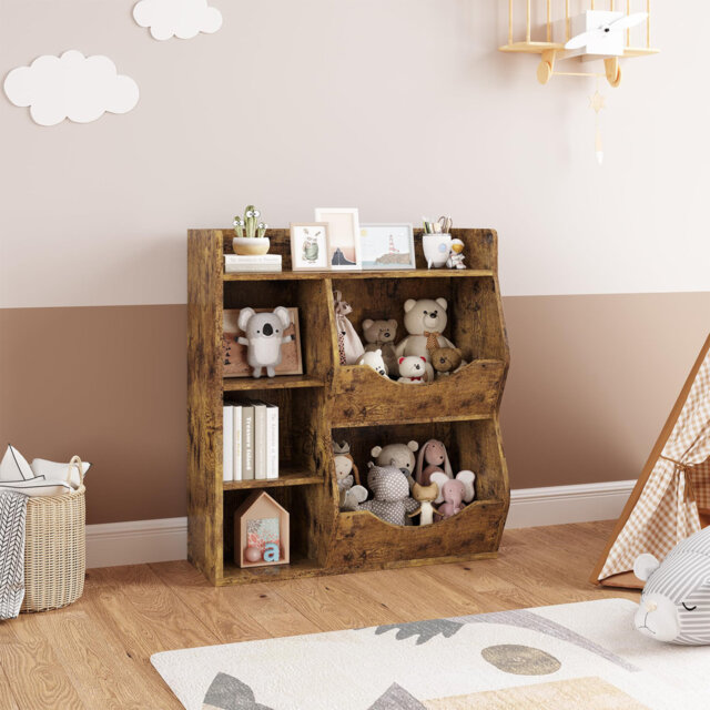 5-Cubby Kids Toy Storage Organizer, 2 Tier Bookshelf with Storage Cabinet for Boys and Girls, Wooden Bookcase for Playroom, Kids Room, Nursery, Kinder