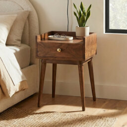 Vinceson Square Walnut Wooden Bedside Table With Storage Drawer - Retro 1930s Design