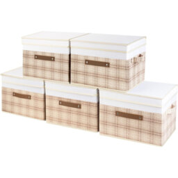 Collapsible Storage Box With Lid, Patchwork Design, Decorative, Fabric Storage Box For Clothes, Wardrobe Storage, 38X25x25 Cm, Set Of 5, Camel Tan