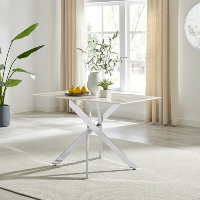 Lenworth Luxury Marble Effect Glass 4 Seater Dining Table - Modern Statement Design