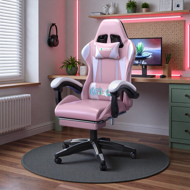 Ergonomic Game Chair with Massage Lumbar Support and Footrest Swivel