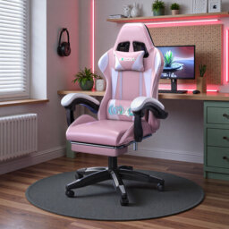 Ergonomic Game Chair with Massage Lumbar Support and Footrest Swivel