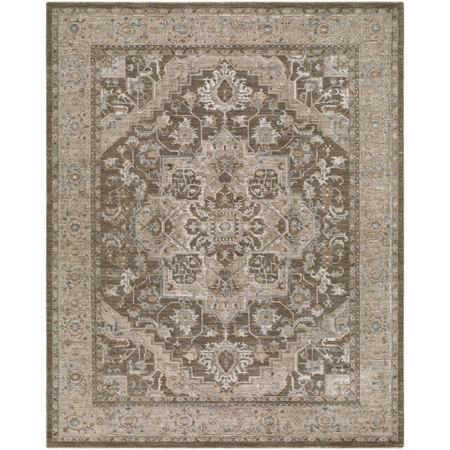 Arda-Vintage Blue Grey Brown Traditional Boho Fringe Living Dining Bedroom Rug