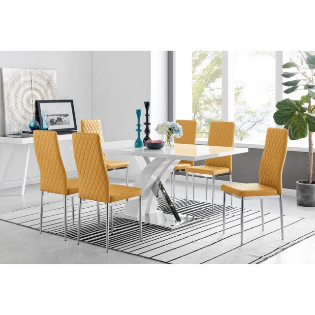 Marietta Chrome Metal & White High Gloss Dining Table Set - 6 Soft Touch Faux Leather Dining Chairs