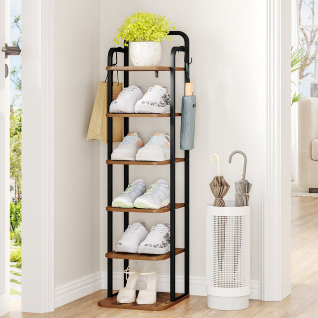 Vertical Shoe Rack, Shoe Shelves, Wood Shoe Organizer for Closet, Entryway, Shoe Tower for Small Spaces, Free Standing, Adjustable, with 2 Hooks, 6 Ti