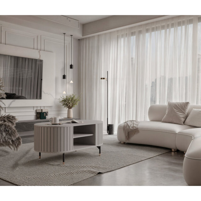 Rosebrugh grooved coffee table with shelves on legs