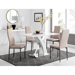Marietta Chrome Metal & White High Gloss Dining Table Set - 4 Soft Touch Faux Leather Dining Chairs