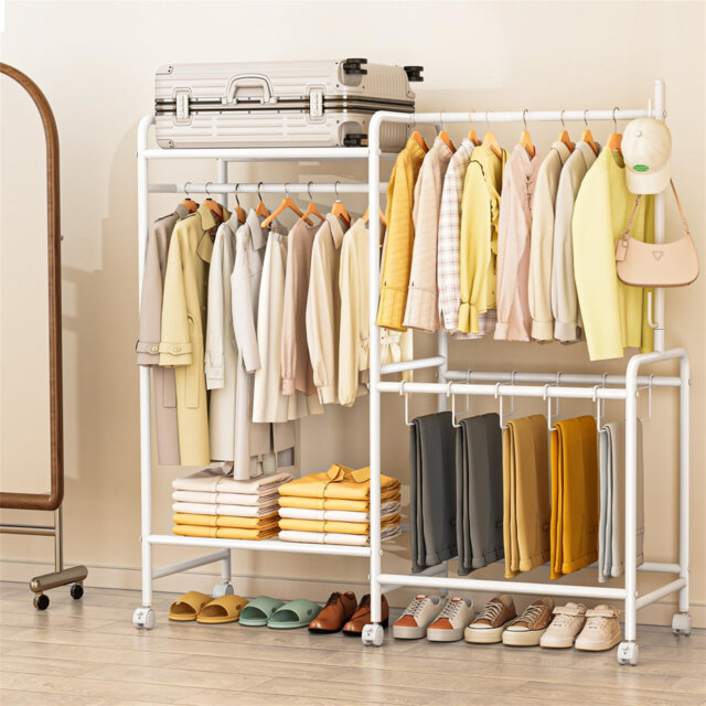 Heavy Duty Clothes Rail With Wheels, Metal Clothing Rack With Trouser Rack, Top Shelf, 4 Hooks & 5 Trouser Hangers, Sturdy Wardrobe Clothes Rail For B