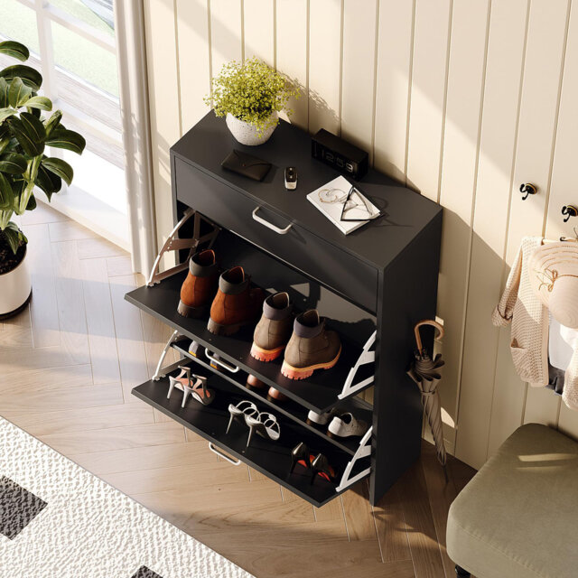 Shoe Cabinet, Freestanding Shoe Storage Cabinet with 1 Drawer and 2 Doors, Space-Saving Shoe Rack Cabinet, Dust-Proof Organiser for Entryway
