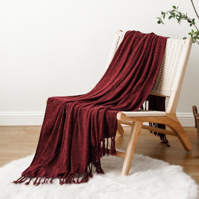 Burgundy Throw Blanket for Sofa Bed Couch Chair, Chenille Knit Throw Blanket, 130×150cm