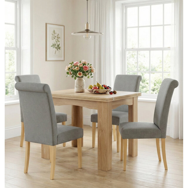 Newquay Oak Flip Top Extending Table With Oak Chair With Steel Grey Fabric Roll Top Chairs
